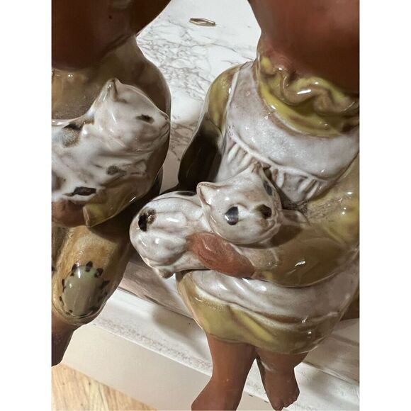 Vintage Handmade Ceramic Seated Boy & Girl with Cats 6" Tall - Picture 7 of 9